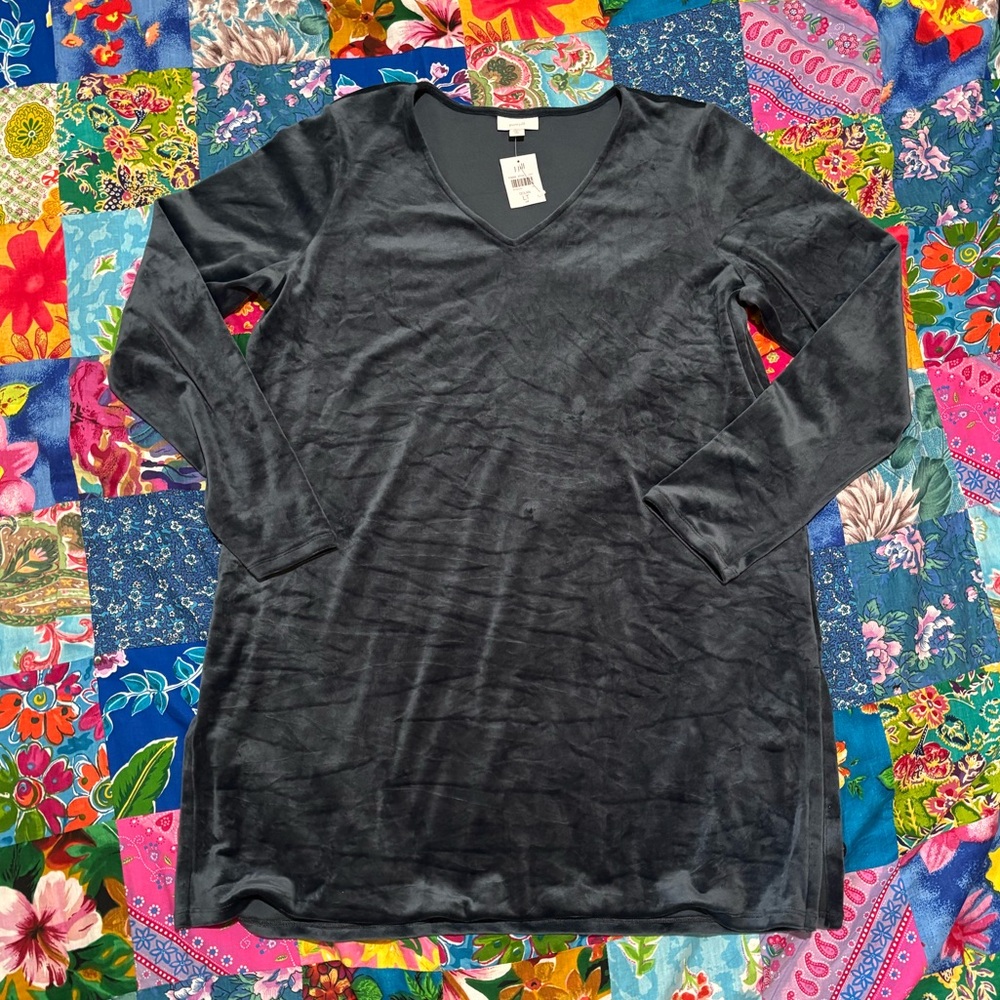 New! JJILL v neck popover tunic LONG SLEEVE tall VELVET/VELOUR ocean blue LARGE